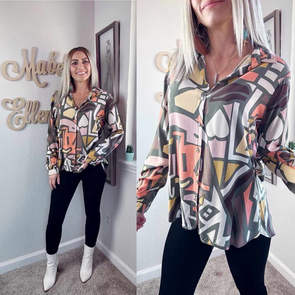 Big Dart statement abstract artistic multi color long sleeve button down size 6 - Picture 8 of 8